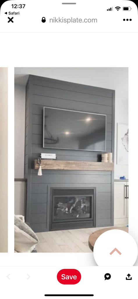 Dark Grey Fireplace Wall, Charcoal Tv Wall, Dark Grey Shiplap Fireplace, Black Wall Fireplace Ideas, Gray Shiplap Wall, Black Shiplap Fireplace Wall, Black Shiplap Fireplace, Reclaimed Wood Mantle, Gray Shiplap