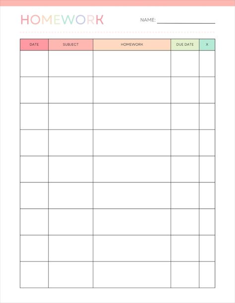 Homework Tracker Printable Free, Bullet Journal Homework, School Homework Planner, Homework Paper, Homework Organizer, Homework Planner Printable, Homework Template, Homework Checklist, Timetable Planner