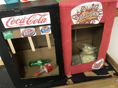 Dramatic play. Popcorn and soda machine #cardboard Movie Theater Preschool Theme, Simple Machine Dramatic Play, Movie Theater Pretend Play, Pretend Play Movie Theater, Movie Theatre Dramatic Play Kindergarten, Movie Theather, Cardboard Rocket, Soda Machine, Transportation Preschool Activities