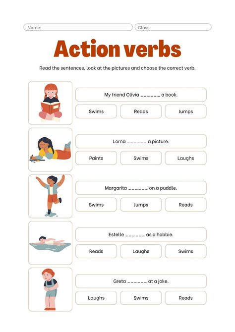 Orange Simple Illustrative Action Verbs Worksheet - Templates by Canva Jolly Grammar, Action Verbs Worksheet, Verbs Worksheet, Verb Worksheets, Action Verbs, Worksheet Template, Cute Icons, Grammar, For Kids