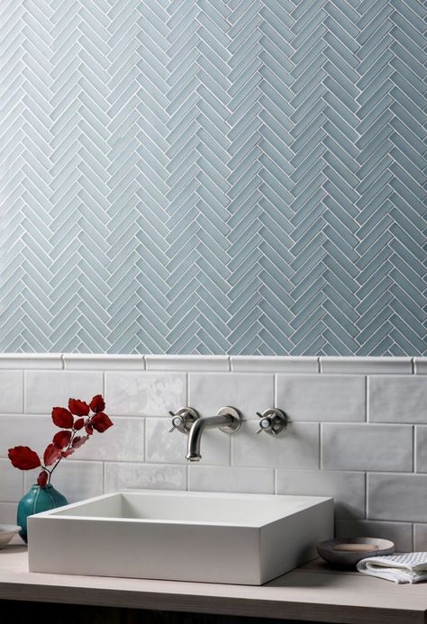 white and light blue bathroom design // light blue herringbone tile backsplash Glass Mosaic Tiles Bathroom, Herringbone Mosaic Tile, Modern Bathroom Renovations, Mandarin Stone, Modern Bathroom Tile, Bad Inspiration, Herringbone Tile, Bathroom Tile Designs, Grey Herringbone