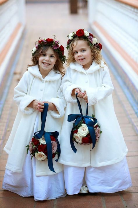 Ideas to Have a Classy Christmas Wedding | 123WeddingCards Winter Flower Girl Dress, Winter Flower Girl, Christmas Wedding Centerpieces, Christmas Wedding Flowers, Christmas Wedding Inspiration, Flower Girls And Ring Bearers, Flower Girl And Ring Bearer, Wedding Flower Girls, Red Wedding Invitations