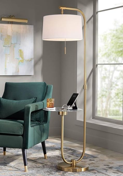 Possini Euro Design Volta Mid Century Modern Arched Floor Lamp with USB Charging Port Glass Tray Table 66" Tall Antique Brass Gold Metal White Linen Drum Shade Living Room Reading House Bedroom - Amazon.com Brass Living Room, Antique Brass Floor Lamp, Table Floor Lamp, Floor Lamp Styles, Floor Lamps Living Room, Arched Floor Lamp, Torchiere Floor Lamp, House Bedroom, Contemporary Floor Lamps