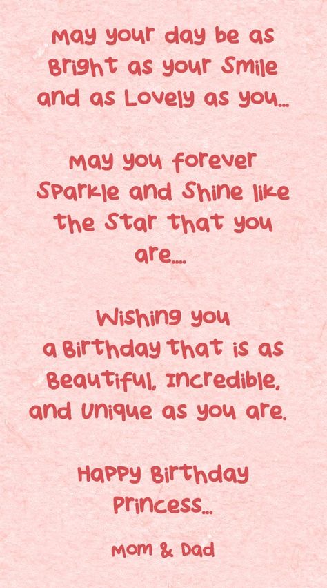 Dear Simran May your day be as Bright as your Smile and as Lovely as you...  May you forever Sparkle and Shine like the Star that you are....   Wishing you a Birthday that is as Beautiful, Incredible, and Unique as you are.    Happy Birthday Princess... Birthday Wishes For Princess, Unique Way Of Wishing Birthday, Idol Birthday Wishes, Wishing You Happiness Quotes, Birthday Wishes For Idol Person, Happiest Of Birthdays To You, Birthday Wishes Unique Ideas, Birthday Wishes For Didi In English, Happy Birthday Didi Quotes