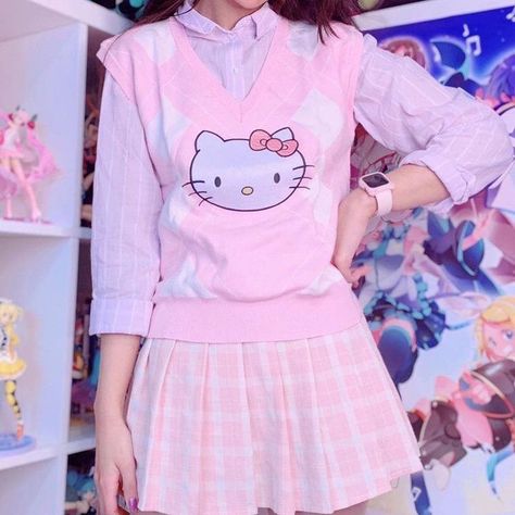 Hello Kitty Sweater Vest, Sanriocore Outfits, Hello Kitty Sweater, Hello Kitty Outfit, Sanrio Outfits, Kitty Outfit, Kitty Sweater, Pastel Outfit, Pink Hello Kitty