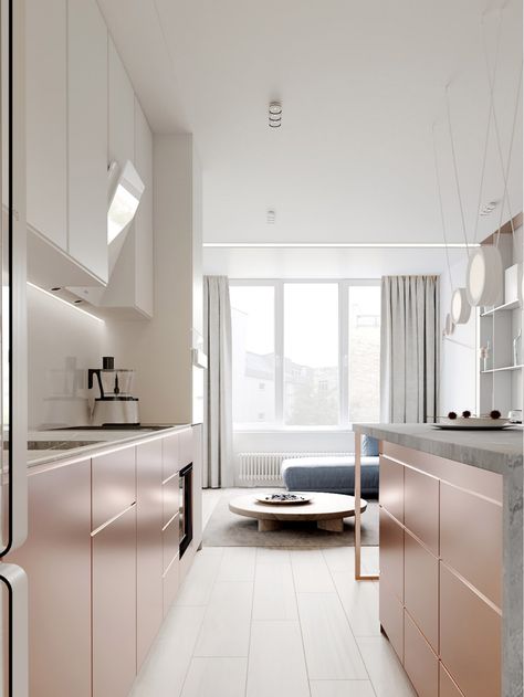 Pastel Home Interior, Rose Gold Interior, Pastel Home, White Cupboards, Rose Gold Kitchen, Style Apartment, Pastel Interior, Pastel House, Kitchen Interior Design Modern