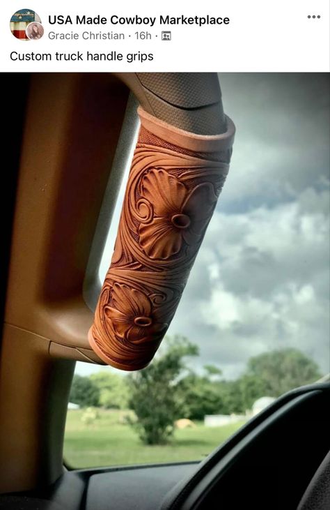 Tooled Leather Car Interior, Leather Truck Accessories, Chevy Truck Accessories, Punchy Truck Accessories, Western Truck Interior Decor, Western Car Interior Ideas, Western Car Aesthetic, Cowhide Headliner Truck, Punchy Car Accessories