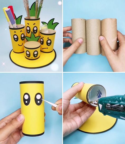 Toilet Paper Roll Craft and Project Ideas | toilet paper | Easy Toilet Paper Roll Crafts the Kids will Love to Make! | By Activities For Kids | Facebook | Hello everyone, let's make a pineapple pen holder. Take three toilet paper roll, cut them, now take four yellow sheets, add double sided tape, roll it around. Now add eyes, leaves, draw its brows and face. Make three more like this for base take a circular cardboard, stick a black paper and yellow sheet over it. Now using blue gun, place them What To Do With Toilet Paper Rolls, Crafts With Toilet Paper Rolls, Pineapple Pen, Pen Holder Diy, Pineapple Crafts, Toilet Paper Roll Art, Toilet Roll Craft, Rolled Paper Art, Paper Flower Art