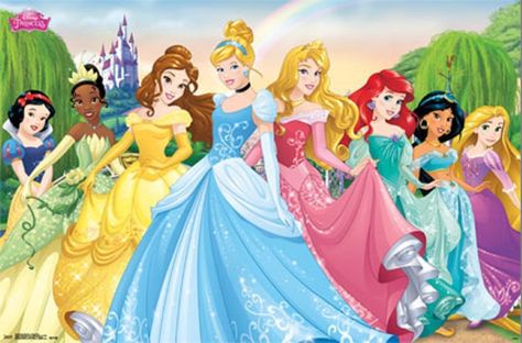 Disney Princesses #15 : Eight princesses in front of Cinderella's Castle and a rainbow. Ariel, Snow White, Tiana, Belle, Aurora, Jasmine, Rapunzel and Cinderella Disney Princess Background, Disney Mignon, Disney Princess Castle, Princess Wall Art, Disney Wall Art, Disney Princess Cartoons, Disney Belle, Disney Princess Movies, Princess Movies