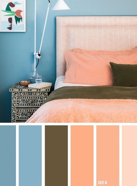 Bedroom Inspirations Master Color Schemes, Colour Combinations Interior, Teal And Peach, Peach Bedroom, Teal Palette, Beautiful Bedroom Colors, Bedroom Design Modern, Dark Blue Bedrooms, Best Color Schemes