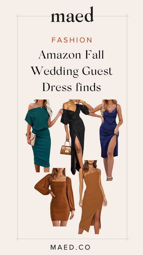 Have an upcoming fall wedding you are attending but not sure what to wear? MAED is sharing this round up of all her favorite fall wedding guest dresses from Amazon. These fall cocktail dresses are the perfect fall wedding guest outfit. Follow for more amazon must-haves and amazon fashion finds (includes affiliate links) Cocktail Wedding Guest Dress Fall, Fall Dress Amazon, Amazon Fall Wedding Guest Dress, Fall Cocktail Dresses, Fall Cocktail Dress Wedding Guest, Wedding Guest Dress Amazon, Amazon Wedding Guest Dress, Fall Wedding Guest Outfit, Fall Cocktail Dress