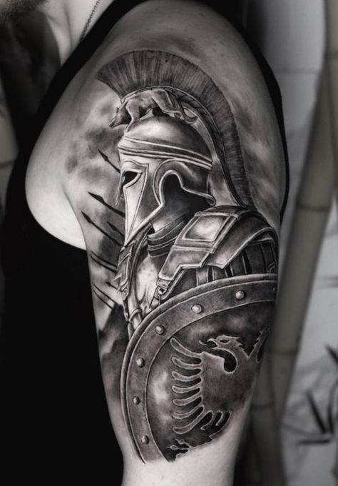 Tattoo Gladiator, Sparta Tattoo, Bushido Tattoo, Armor Of God Tattoo, Arm Cover Up Tattoos, Shoulder Armor Tattoo, Warrior Tattoo Sleeve, Shield Tattoo, Gladiator Tattoo