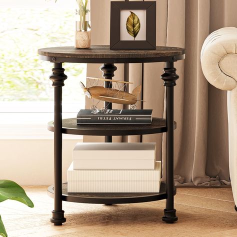 √ ELEGANT VINTAGE STYLE: The side table combines natural wood grain finish boards with thickened Roman column table legs to emphasize its carving's side elegant lines and great craftsmanship in details, which showcases a vintage glam style and creates a… Wood Bed Side Table, Round Side Table Living Room, Side Table Decor Living Room, Living Room Accent Table, Stand For Bedroom, Side Table Living Room, Bed Side Table, Side Table Decor, Table Decor Living Room