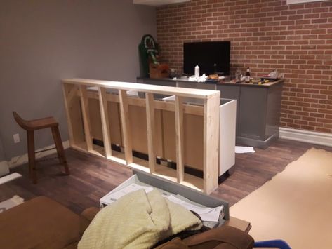 Transforming kitchen cabinets to a rustic bar 7 Basement Bar Wall Cabinets, Bar From Kitchen Cabinets, Bar Made From Ikea Cabinets, Basement Bar Stock Cabinets, Bar With Stock Cabinets, Bar From Cabinets, Building A Bar With Cabinets, Bar Hacks Diy, Diy Bar Using Kitchen Cabinets