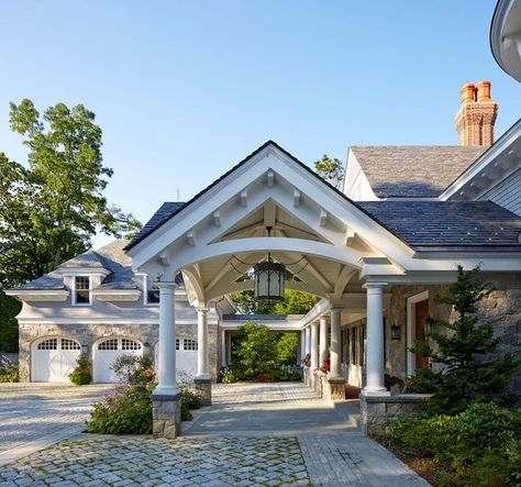 Portico Driveway, Stone Driveway, Carport Designs, Porte Cochere, Shingle Exterior, House With Porch, Front Entrance, Exterior Stone, Farmhouse Exterior