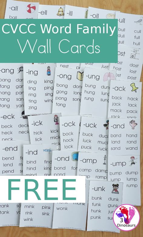 Free CVCC Word Family Wall Cards - 2 cards per page has the endings: -all, -ill, -ell, -ull, -ing, -ang, -ung, -ong, -ast, -ist, -ust, -ost, -est, -ack, -ick, -ock, -uck, -and, -end, -ind, -ond, -und, ink, -unk, -onk, -amp, -imp, -ump - 3Dinosaurs.com Word Family Printables Free, Cvcc Word List, Kindergarten Word Family Activities, Ack Word Family Worksheet, Cvcc Words Worksheets Free, 3dinosaurs.com Free Printables, Word Endings Activities, Ccvc Words Worksheets Free, Cvcc Words Activities Free