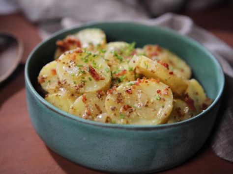 Get Nancy Fuller's German Potato Salad Recipe from Food Network Farmhouse Rules Recipes, Nancy Fuller, German Potato Salad Recipe, Healthy Breakfast Bowl, Potato Salad With Egg, German Potato, German Potatoes, German Potato Salad, Potato Salad Recipe