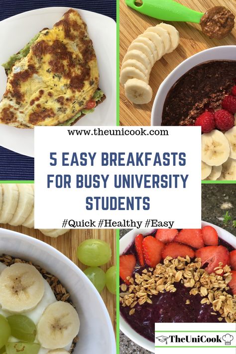 Are you a busy college or university student who is in need of a few breakfast recipe ideas to get you through your morning lectures? Then these 5 easy breakfasts for busy university students are exactly what you need! They are quick and easy to make, healthy and will fill you up until lunch! Find the recipes on my blog! #studentrecipes #collegestudent #breakfastrecipesforstudents #collegebreakfast #easyhealthybreakfast #busyuniversitystudents #quickbreakfast #healthybreakfast #college Healthy Student Recipes, Healthy Student Meals, Cheap Healthy Breakfast, Quick Easy Healthy Breakfast, Breakfast Recipe Ideas, Easy Breakfasts, Budget Friendly Dinner, Student Recipes, Dinner Meal Prep