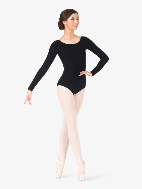 Womens Long Sleeve Leotard - Class Basics | Capezio CC450 | DiscountDance.com White Leotard, Black Leotard, Long Sleeve Leotard, Leotards Ballet, Long Torso, Dance Outfits, Black Skirt, Dance Wear, Leotards