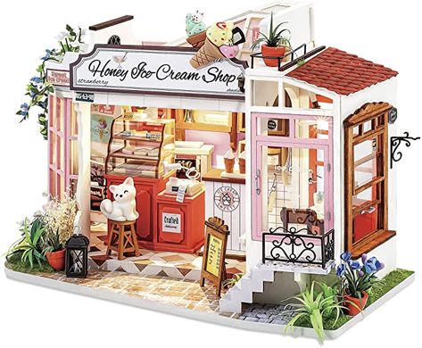 Miniature Ice Cream Shop, Rolife Diy, Diy Miniature House, Miniature Ice Cream, Honey Ice Cream, Miniature Rooms, Wooden Baby Toys, Dollhouse Kits, Wooden Dollhouse