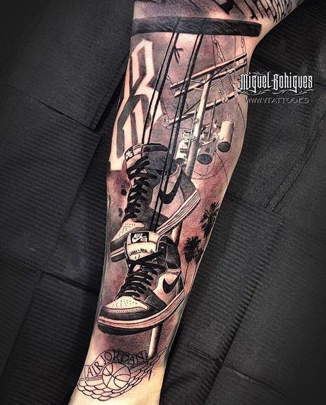 #artist @vtattoo.miguelbohigues @vtattoo.miguelbohigues @vtattoo.miguelbohigues , Spain 🇪🇸 #thebesttattooartists Hex Tattoo, Sneaker Tattoo, Drop Tattoo, Nike Tattoo, Jordan Tattoo, Basketball Tattoos, Zapatillas Air, Leg Sleeve Tattoos, Characters From Movies