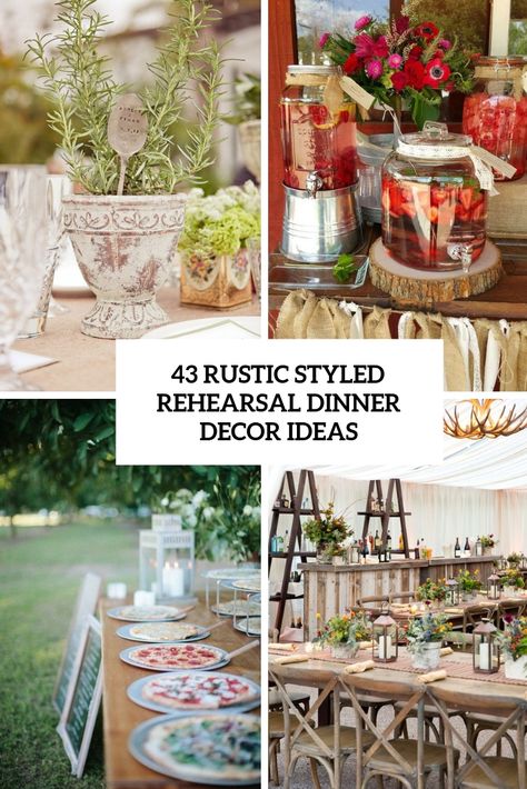 rustic styled rehearsal dinner decor ideas cover Farmhouse Rehearsal Dinner Decor, Rehearsal Dinner Centerpieces Diy, Wedding Rehearsal Dinner Decorations Centerpieces Simple, Backyard Rehearsal Dinner Ideas Decor, Rustic Rehearsal Dinner Decorations, Wedding Rehearsal Ideas, Restaurant Rehearsal Dinner, Rehearsal Dinner Decorations Table, Dinner Decoration Ideas