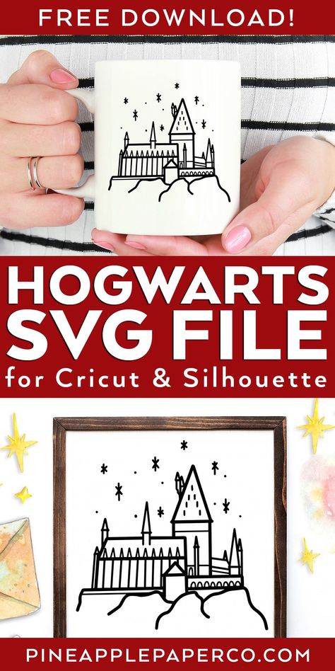 FREE Hogwarts SVG for Cricut and Silhouette Signs, Shirts, Mugs, and More! Download at Pineapple Paper Co. #harrypotter #hogwarts #cricut #freesvg #svg Hogwarts Cricut, Harry Potter Cricut Projects, Hogwarts Sign, Hogwarts Svg, Svg Harry Potter, Castle Svg, Castle Silhouette, Infusible Ink Transfer Sheets, Hogwarts Alumni