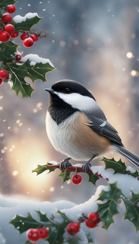 Chickadees On A Branch, Winter Birds Photography, Chickadee Pictures, Winter Birds Painting, Winter Scenes Photography, Winter Bird Art, Christmas Chickadee, Chickadee Drawing, Bird In Snow