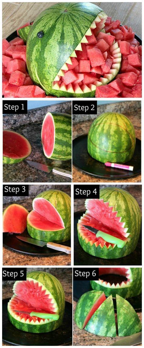 Watermelon Shark, Shark Week Party, Summertime Snacks, Deco Fruit, Shark Themed Birthday Party, Fest Temaer, Birthday Party Snacks, Watermelon Carving, Ocean Birthday