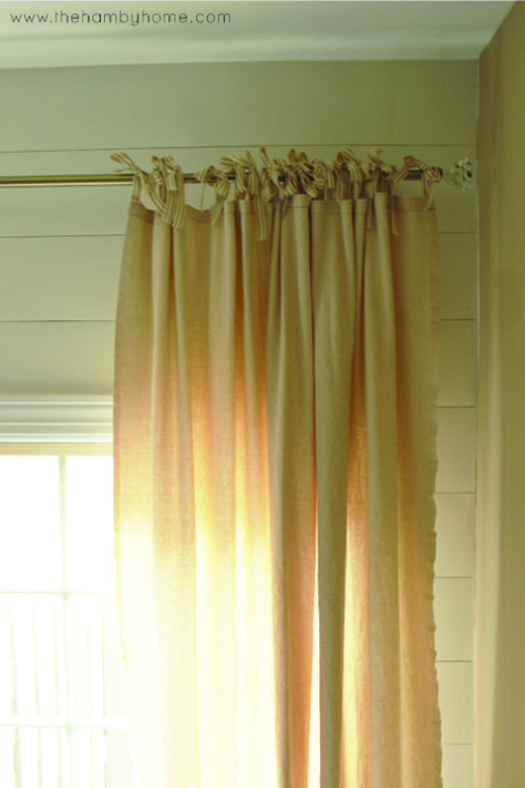 DIY Bow Tied Dropcloth Curtains with Ticking Stripe Ribbon Dropcloth Curtains, Muslin Curtains, Tie Top Curtains, Cloth Projects, Drop Cloth Projects, Ribbon Curtain, Future Bathroom, Tie Up Curtains, Diy Ruffle