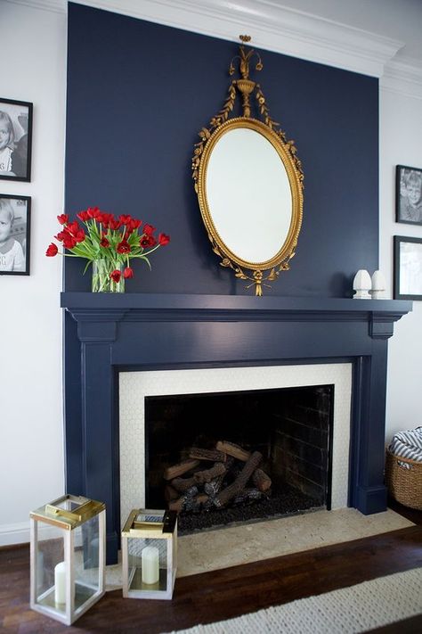 Navy Blue Fireplace, Blue Accent Wall Living Room, Blue Fireplace, Painted Fireplace Mantels, Fireplace Accent Walls, Painted Fireplace, Fresh Living Room, Painted Brick Fireplaces, Blue Accent Walls