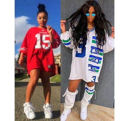 [2022]⚽20 chic ways to rock football jersey outfits for girls! Throwback Jersey Outfit, Football Jerseys Outfit Women, Jersey With Leggings Outfits, How To Style Oversized Football Jersey, Oversized Jersey Outfit Football, Women Football Jersey Outfit, Edm Jerseys Outfit, Dallas Cowboys Game Outfits For Women, Nfl Draft Day Outfits