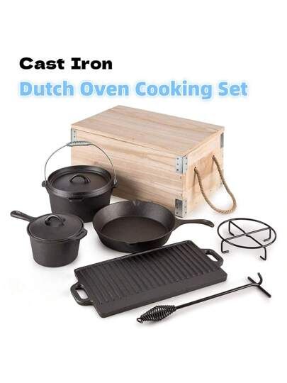 Cooking Set Kitchens, Cast Iron Dutch Oven Cooking, Camping Cooking Set, Cast Iron Cookware Set, Dutch Oven Cooking, Bbq Set, Cast Iron Pot, Cast Iron Dutch Oven, Pots And Pans Sets