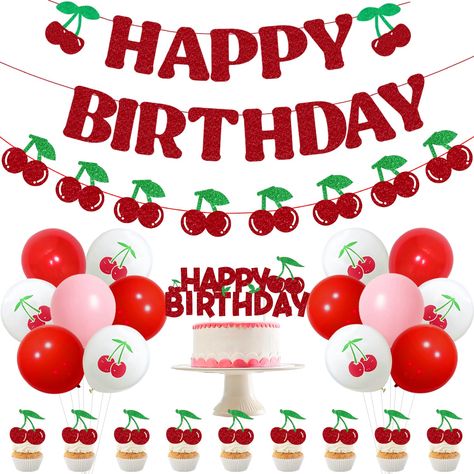 PRICES MAY VARY. Cherry Theme Set: 1*cherry theme happy birthday banner(15pcs/89.9inch), 1*cherry theme banner(8pcs/42.9inch), 1*cake topper(2.9inch), 12*cupcake toppers, 18*latex balloons(12inch) and additional assembly tools. Celebrate with Vibrant Color: Our vibrant red latex balloon arch kit will bring a riot of color to your cherry themed birthday party. High quality latex balloons are sure to impress your guests and create a fun atmosphere. Chic Design: Our banners and cupcake toppers are Cherry Themed Party, Cherry Birthday Party Theme, Birthday Party Decorations Red, Cherry Birthday Party, Birthday Banner Cake Topper, Cherry Birthday, Cherry Party, Cherry Theme, Glitter Balloons