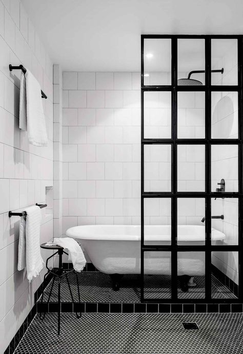 Looking for a timeless bathroom design? These classic black and white bathrooms exude elegance and style sure to last the ages. Shower Bath Combo, Timeless Bathroom Design, Australian House, Shower Over Bath, Black White Bathrooms, Timeless Bathroom, Bathroom Layout, Bathroom Renos, Australian Homes