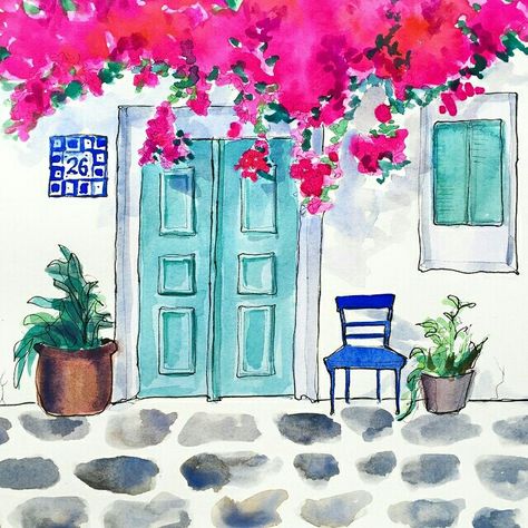 blue door Mamma Mia Art, Illustration Design Graphique, Watercolor Architecture, Watercolor Paintings Easy, 수채화 그림, Watercolor Paintings Tutorials, Watercolor Inspiration, Water Painting, Happy Tuesday