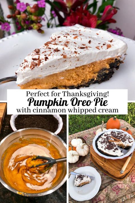 The perfect Thanksgiving pumpkin pie! Pumpkin Pie Oreo Crust, Oreo Pumpkin, Cinnamon Whipped Cream, Oreo Pie Crust, Oreo Pie, Thanksgiving Brunch, Thanksgiving Pumpkin Pie, Autumn Recipes, Oreo Crust