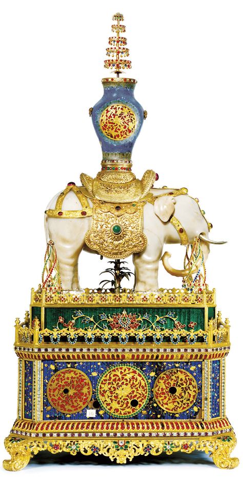 A MAGNIFICENT IMPERIAL CHINESE ORMOLU, SILVER-PLATED, ENAMEL, PASTE-SET AND CARVED SOAPSTONE STRIKING, MUSICAL AND AUTOMATON 'ELEPHANT' CLOCK 18th Century London, Elephant Clock, Automata Mechanical, Chinese Gold, Chinese Market, Beautiful Items, Music Boxes, Shell Art, Metal Sculpture