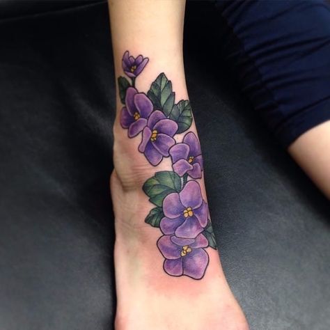 Violet Flower Tattoo, Purple Flower Tattoos, Violet Flower Tattoos, Wildflowers Tattoo, Violet Tattoo, Backpiece Tattoo, Purple Tattoos, Neotraditional Tattoo, Flower Tattoo Meanings