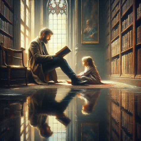 Fantasy Book Inspiration Aesthetic, Father Time Art, Fantasy Novel Aesthetic, Father And Daughter Art, Father Daughter Art, Father And Daughter Aesthetic, Reading In Library, Book Character Art, Fantasy Book Aesthetic