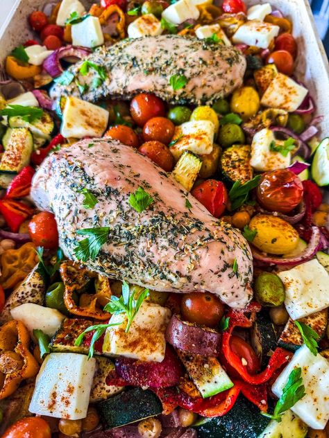 Healthy Sheet Pan Mediterranean Chicken and Veggies — Protein Snack Queen Mediterranean Sheet Pan Dinners, Sheet Pan Mediterranean, Mediterranean Sheet Pan, Healthy Sheet Pan, Types Of Olives, Healthy Sauces, Chicken And Veggies, Protein Snack, Mediterranean Chicken