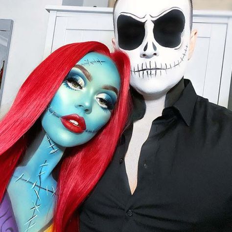 This Halloween there's no excuse not dressing up with your partner. Take a look at our 51 creative couples costumes for Halloween... #halloweencostume #halloweendecor #halloweenideas Creative Couples Costumes, Sally Halloween Costume, Couples Costumes For Halloween, Scary Couples Halloween Costumes, Couples Costumes Creative, Sally Costume, Halloweenský Makeup, Costumes For Halloween, Cute Halloween Makeup