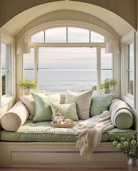 Blue Window Seat, Library Nook, Window Nook, Beach Colors, Blue Window, Dream Beach House, Small House Interior, Small House Interior Design, Dream Beach Houses