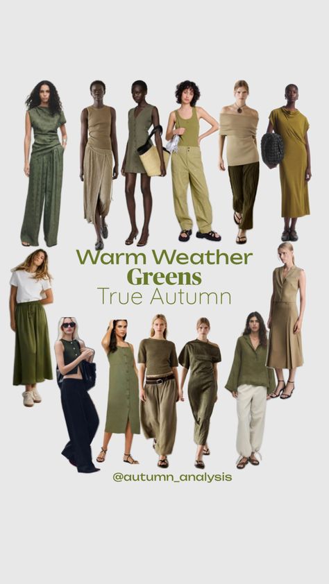 True autumn, greens, color analysis, olive green, summer style, winter style Earthy Color Outfits, Warm Autumn Color Palette Outfits, Autumn Color Palette Outfits, Warm Autumn Color Palette, Muted Autumn, True Autumn, Color Outfits, Chic Autumn, Autumn Look