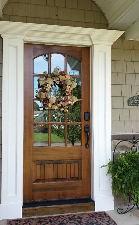 front door Farmhouse Entrance, Entrance Light, Door Farmhouse, Farmhouse Front Door, Porch Area, Door Entrance, Farmhouse Front, Front Door Colors, Dark Walnut Stain