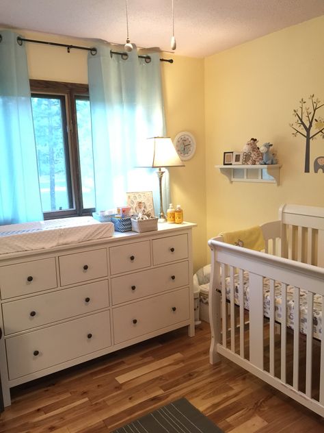 Evan's nursery is complete! Wall color: Benjamin Moore - Filtered Sunlight, Curtains - TJ Maxx, Dresser from Ikea Hemnes collection, Crib - Amazon.com Stork Craft Lamp, shade from Shopko, base from Target, Changing pad from Target, Baskets on Dresser from Kohl's, Yellow nursery  Baby boy nursery Yellow Boy Nursery, Nursery Curtains Boy, Yellow Baby Room, Girls Room Organization, Baby Room Design Boy, Boy Nursery Colors, Baby Boy Nursery Colors, Baby Boy Bedroom, Baby Boy Nursery Decor