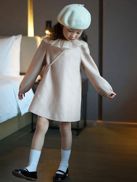 Apricot Party Collar Long Sleeve Fabric Plain Tunic Embellished Slight Stretch Spring/Fall,Winter Toddler Girls Clothing Luxury Baby Clothes, Kids Winter Outfits, Long Sleeve Collared Dress, Kids Winter Fashion, Winter Outfits For Girls, Kids Dress Wear, Winter Girls, Stylish Kids