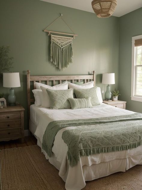 Sage Green Accent Wall, Ideas For Floating Shelves, Green Room Ideas Bedroom, Green Accent Wall, Sage Bedroom, Sage Green Aesthetic, Green Bedroom Walls, Green Bedroom Decor, Green Accent Walls