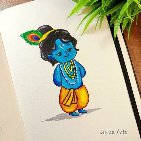 Cute Kanha Drawing, Cartoon Krishna Drawing, Radha Krishan Ji Drawing Easy, Krishna Doodle Art Easy, Kanha Painting Easy, Krishna Bhagwan Drawing, Janmashtami Drawing For Kids, Shivji Sketch, Cute Radha Krishna Drawing