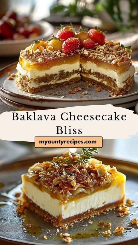 Experience the ultimate dessert fusion with Baklava Cheesecake Delight. This recipe combines the rich creaminess of cheesecake with the nutty, honey-infused layers of baklava, creating a mouthwatering treat that will satisfy any sweet tooth. Perfect for special occasions! Simple Fancy Desserts, Egyptian Baklava, Dubai Recipes, Baklava Cookies Recipe, Belgian Desserts, Baklava Cheesecake Recipe, Weird Desserts, Lebanese Desserts Recipes, Desserts Cobbler